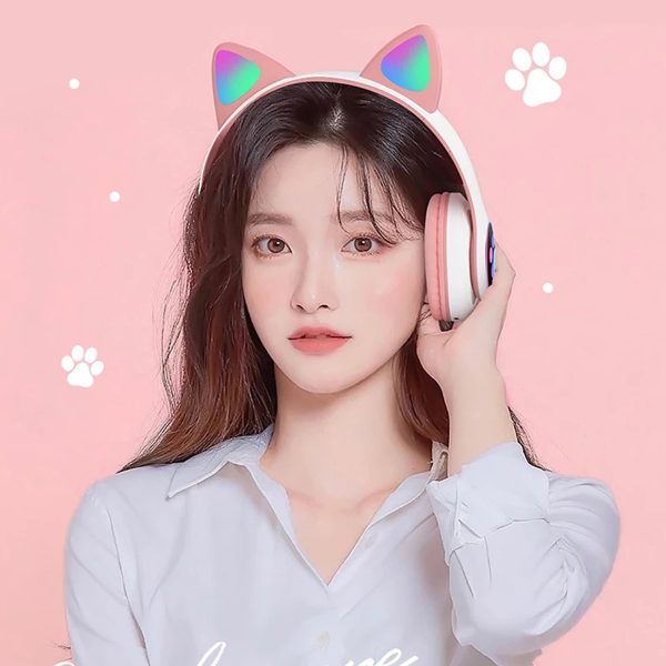 STN-28 Over Ear Music Headset Glowing Cat Ear Headphones Foldable Wireless BT5.0 Earphone with Mic LED Lights for PC Phone - Image 4