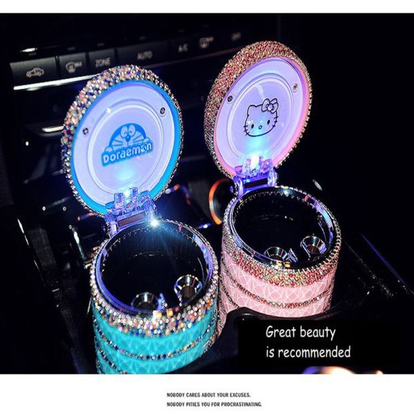 Portable Car ashtray with Light Hello Kitty KT Accessories for Girls Led Car Ash Tray Ashtray Storage Cup Holder Crystal Diamond - Image 2