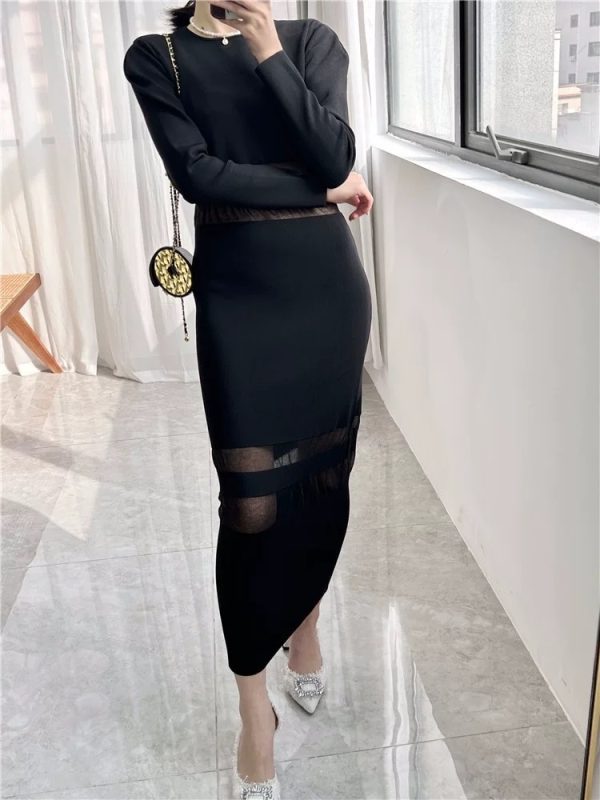 Spring/Autumn New Black Mesh Stitching Women's Long Knitted Dress High-quality Sexy Evening Dress Elegant Waist Unique Design - Image 2