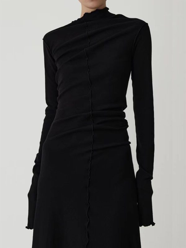 Spring/Autumn New Simple Niche Asymmetric Design Pleated Wave Edge Women Dress High Quality Casual Black Long Robe - Image 2