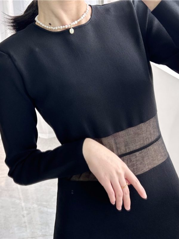 Spring/Autumn New Black Mesh Stitching Women's Long Knitted Dress High-quality Sexy Evening Dress Elegant Waist Unique Design - Image 4