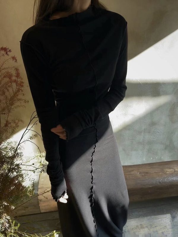 Spring/Autumn New Simple Niche Asymmetric Design Pleated Wave Edge Women Dress High Quality Casual Black Long Robe - Image 3