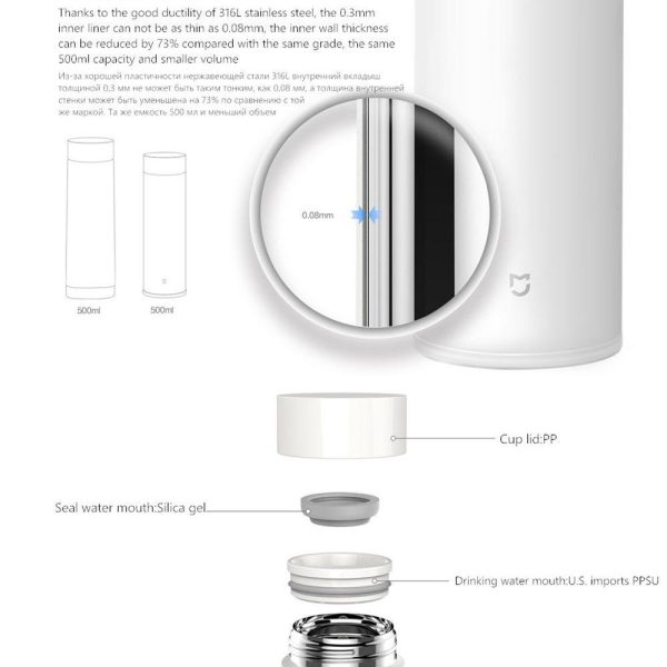 Xiaomi Mijia 500ml Hot Water Thermos Flask Cup 316L Stainless Steel 12 Hours Warm/Cold Keeping - Image 5
