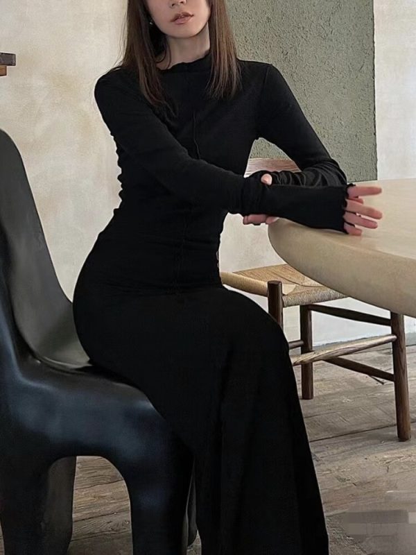 Spring/Autumn New Simple Niche Asymmetric Design Pleated Wave Edge Women Dress High Quality Casual Black Long Robe - Image 4