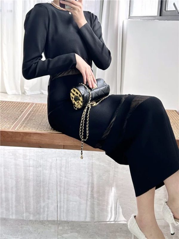 Spring/Autumn New Black Mesh Stitching Women's Long Knitted Dress High-quality Sexy Evening Dress Elegant Waist Unique Design - Image 3