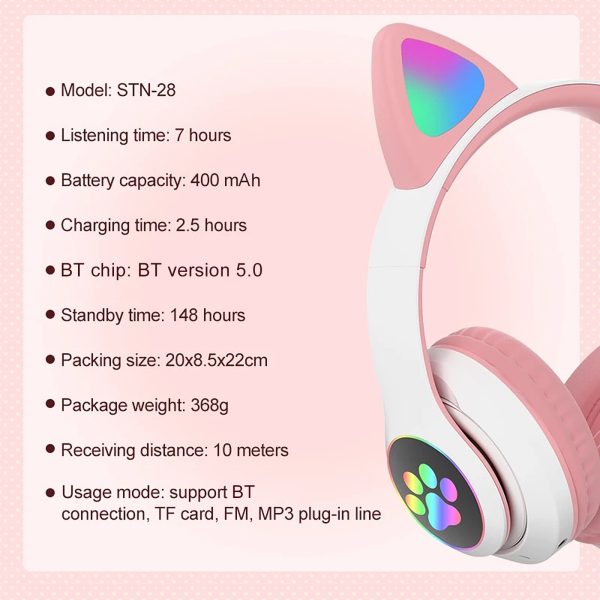 STN-28 Over Ear Music Headset Glowing Cat Ear Headphones Foldable Wireless BT5.0 Earphone with Mic LED Lights for PC Phone - Image 3
