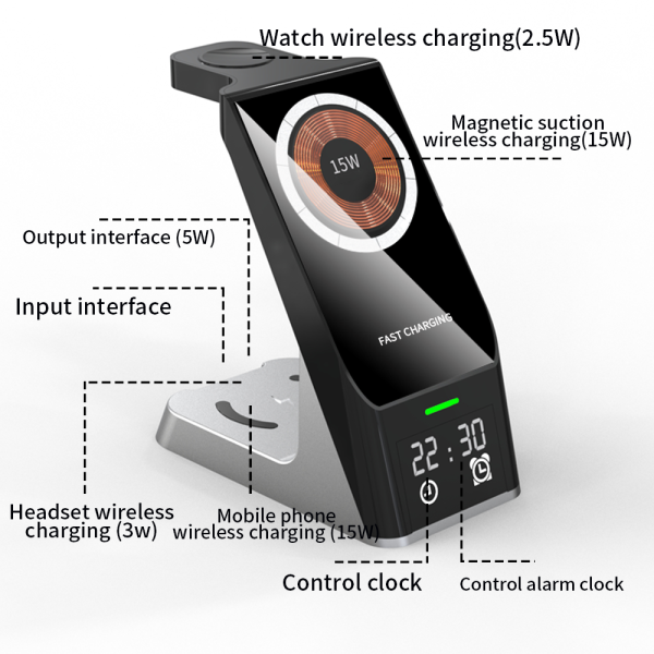 Wireless Charger 6-In-1 Multi-Function Clock Alarm Clock For Apple 14 Mobile Phone Headset Watch Magnetic Suction Fast Charging - Image 6