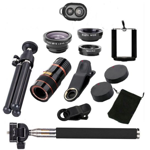 10 in 1 Kits 12x Zoom Telephoto Lens Fish eye Lens Wide Angle Macro Lenses Cell Phone Mobile Tripod - Image 8