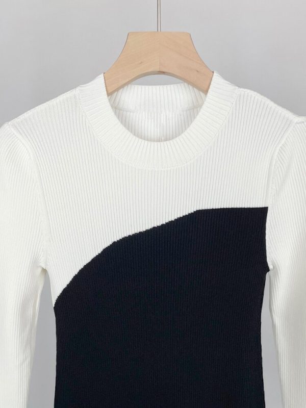 Autumn/Winter New Women Knitted Long Dress High Quality Fashion Black and White Collision Color Splicing Slim Package Hip Robe - Image 5
