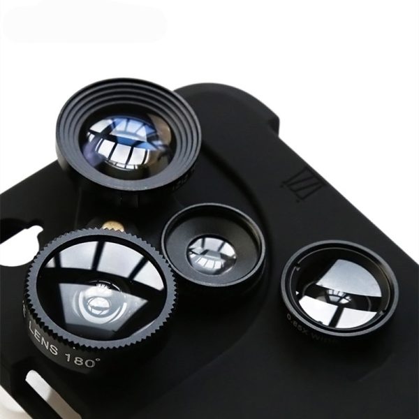 4 in 1 Mobile Phone Lensese Cases Full Coverage For iPhone X 8 7 6S 6 Plus Wide Angle Macro Fisheye Phone Lenses Black Case - Image 2