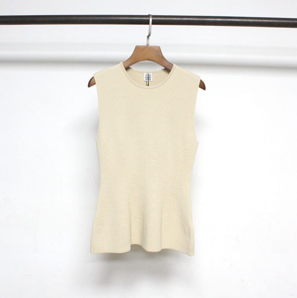 Summer TT Beige Viscose Fiber Slim Fit Ruffled Tank Top Small Sleeveless Simple B Pair Knit - Image 5