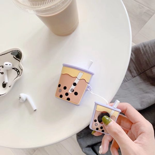 For AirPods Case Cartoon Cute Funny Milk Bubble Tea Drink Bottle Earphone Protect Cover For Airpods 2 with Finger Ring Strap - Image 3
