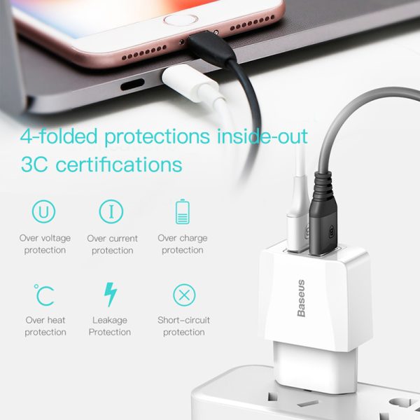 Baseus 5V 2.1A Dual USB Charger For Phone Fast Charging Charger Portable EU Plug Travel Adapter Wall charger - Image 3