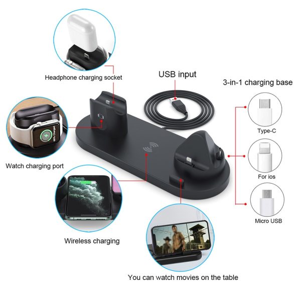 6 in 1 Wireless Charger Dock Station for iPhone/Android/Type-C USB Phones 10W Qi Fast Charging For Apple Watch AirPods Pro - Image 4