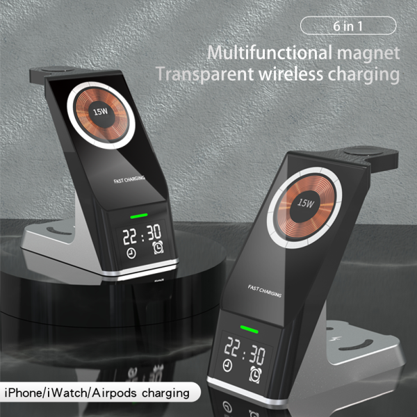 Wireless Charger 6-In-1 Multi-Function Clock Alarm Clock For Apple 14 Mobile Phone Headset Watch Magnetic Suction Fast Charging - Image 2