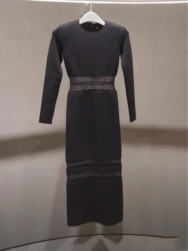 Spring/Autumn New Black Mesh Stitching Women's Long Knitted Dress High-quality Sexy Evening Dress Elegant Waist Unique Design - Image 6