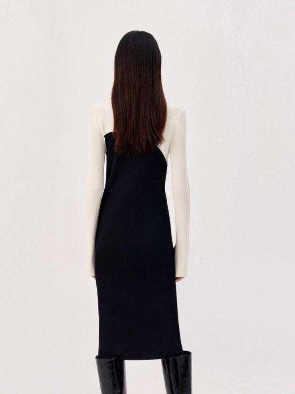 Autumn/Winter New Women Knitted Long Dress High Quality Fashion Black and White Collision Color Splicing Slim Package Hip Robe - Image 3