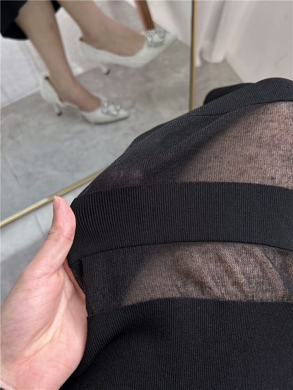 Spring/Autumn New Black Mesh Stitching Women's Long Knitted Dress High-quality Sexy Evening Dress Elegant Waist Unique Design - Image 5