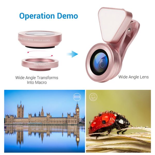 3 in 1 Phone Lens, LED Flish Light Lens For iphone SE X 8 7 6 6S Fish Eye Lens 0.4-0.6X Wide Angle+10X Macro Clip-on Lens - Image 2