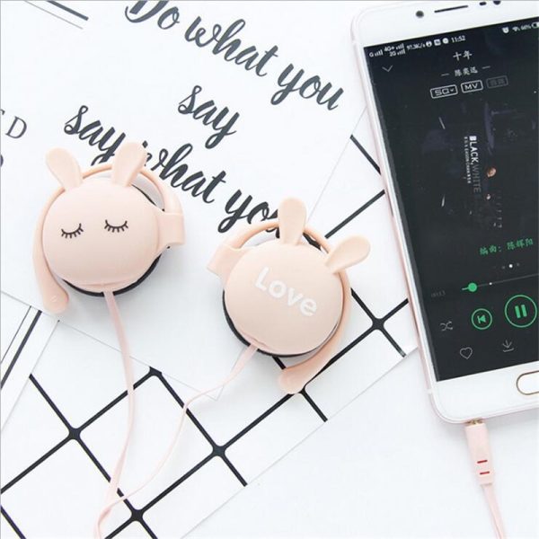 QearFun Cartoon Rabbit Ear Hook Wired Earphone Sport Running Stereo Headphones Children Girl Headset For Mobile Phone - Image 4