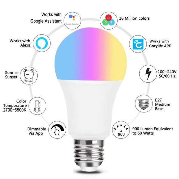 WiFi Smart Bulb Alexa Voice Control RGBCW Dimming Color A19 Bulb Graffiti Smart Life - Image 4