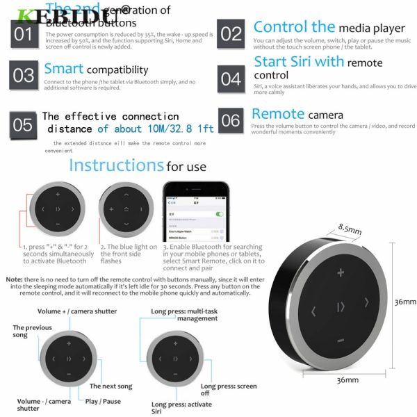 Kebidu Wireless Bluetooth Media Steering Wheel Remote Control mp3 Music Play for Android IOS Smartphone Control Car Kit Styling - Image 6