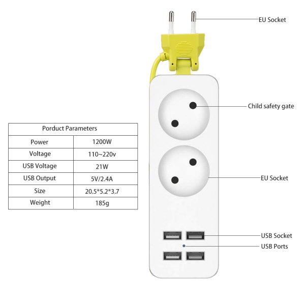 Rdxone EU plug Travel Power Strip Portable Extension Socket Outlet with 4 USB Wall Charger Smart Desktop Socket - Image 2