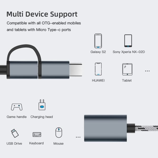 2 in 1 OTG Adapter Cable Nylon Braid USB 3.0 to Micro USB Type C Data Sync Adapter for Huawei for MacBook U Disk Type-C OTG - Image 2